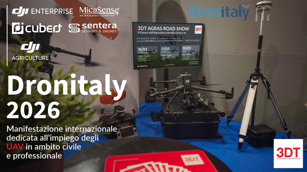3dtarget's tweet photo. 🟥 Il futuro vola a #Dronitaly 2026

Siamo a Bologna per mostrare dal vivo le novità @DJIGlobal per i professionisti:

🔺 DJI Matrice 400 + Zenmuse L3 (LiDAR) 🔺 DJI Matrice 4 Series 🔺 DJI Agras T25
📍 BolognaFiere , 2° Piano, Stand 56
Scopri di più: 🔗 https://t.co/WWPU478Hxs https://t.co/rc3g9Yfn5w