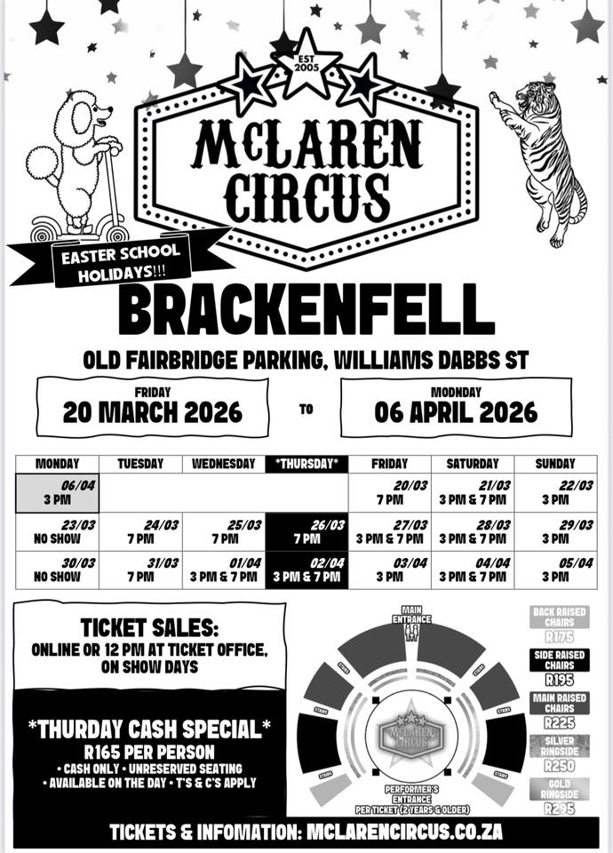 mclarenscircus's tweet photo. Save when Booking Online for #McLarenCircus Popular 2026 Show in #Brackenfell till Monday 6 April 🎪😂🦁🐴🐩❤️
#Kaapstad #Bellville #Durbanville #Kraaifontein #KuilsRiver #Parow #Plattekloof #Tokai #Tygerberg #Cpt #CityofCT #WesternCape
Buy Tickets Online: https://t.co/Y5XPaa1RcI https://t.co/G7AFLK5We3
