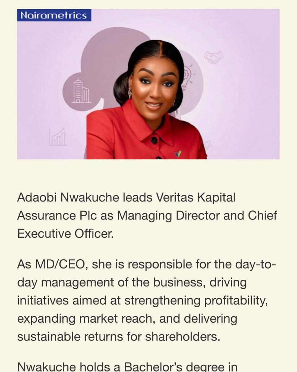 Great news! 🎉
Our Managing Director/CEO, Dr. Adaobi Nwakuche, has been recognized by Nairametrics as one of the women shaping Nigeria’s insurance industry.

Congratulations, Ma, on this well-deserved recognition! 👏✨

#VeritaskapitalAssuranceplc
#Internationalwomensday2026