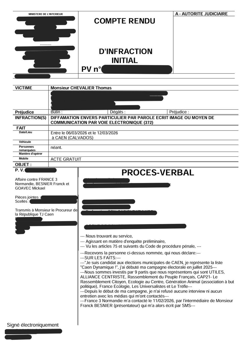 TChevalier_'s tweet photo. Chères Caennaises, chers Caennais,

Vous nous avez envoyé de très nombreux messages hier pour me demander pourquoi je n'étais pas présent au grand débat pour les élections municipales organisé par France 3 Normandie.

France 3 Normandie a choisi de m'écarter délibérément de ce débat, et plus grave encore, le présentateur a annoncé en ouverture de débat que je n'étais "pas disponible", alors que j'avais bien indiqué clairement et par écrit, et à Franck Besnier, et à Mickaël Goavec, ma volonté de défendre le renouveau politique que nous construisons à Caen lors de ce débat.

J'ai donc aujourd'hui porté plainte pour diffamation à l'encontre de France 3 Normandie, Franck Besnier et Mickaël Goavec.

La démocratie n'est jamais acquise, elle est un combat du quotidien.

https://t.co/YJ3RmtwW1O

#CaenDynamique #MunicipalesCaen2026 #Caen