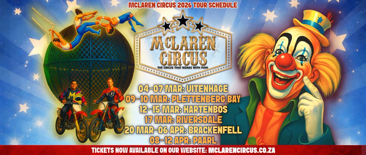 mclarenscircus's tweet photo. Save when Booking Online for #McLarenCircus Popular 2026 Show in #Brackenfell till Monday 6 April 🎪😂🦁🐴🐩❤️
#Kaapstad #Bellville #Durbanville #Kraaifontein #KuilsRiver #Parow #Plattekloof #Tokai #Tygerberg #Cpt #CityofCT #WesternCape
Buy Tickets Online: https://t.co/Y5XPaa1RcI https://t.co/G7AFLK5We3