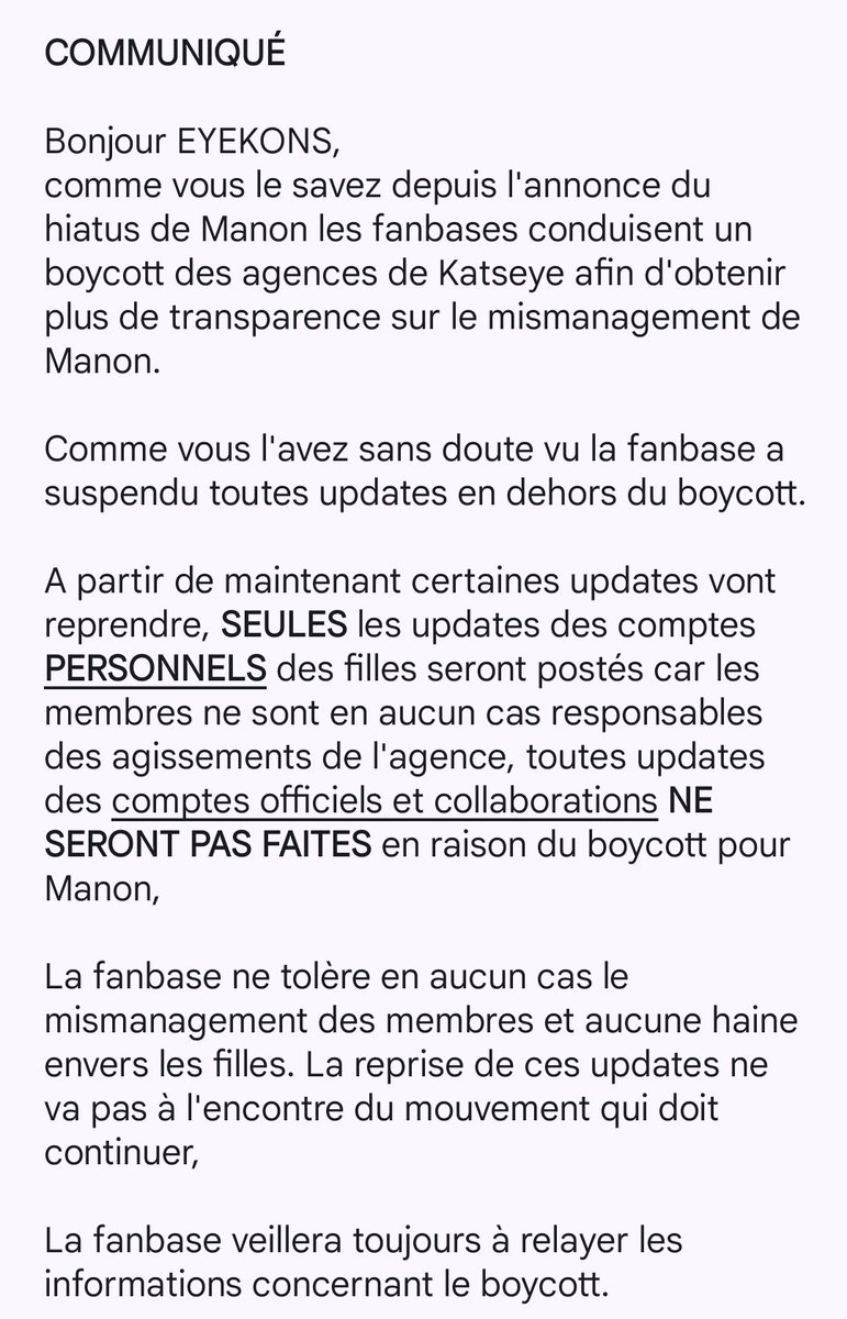 France_Katseye's tweet photo. 🚨 ☆ 12.03.26

EYEKONS !! Merci de bien vouloir lire ce communiqué concernant le Boycott et la reprise de certaines updates

KATSEYE IS SIX
#ForeverwithManon
#WEWANTMANON
#BoycottforManon

✧ 🍒 • @katseyeworld #Katseye https://t.co/fVDKmIEvca