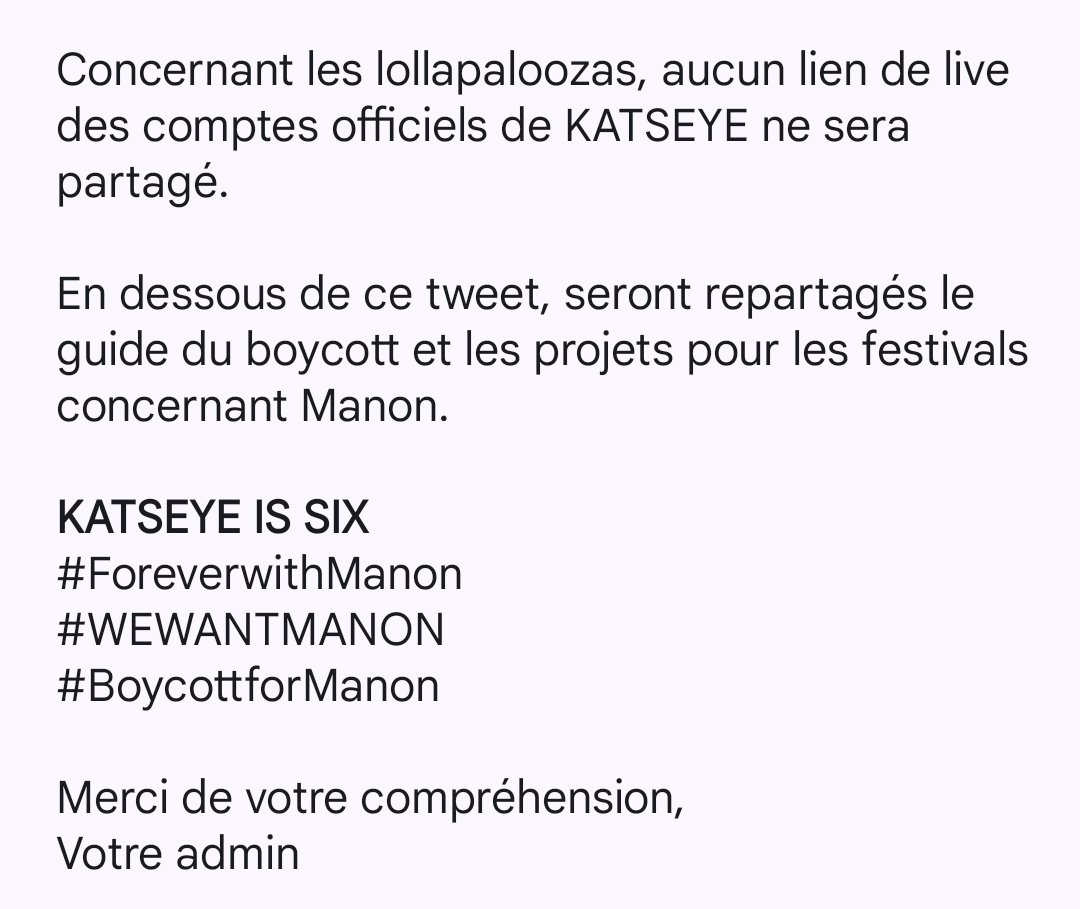 France_Katseye's tweet photo. 🚨 ☆ 12.03.26

EYEKONS !! Merci de bien vouloir lire ce communiqué concernant le Boycott et la reprise de certaines updates

KATSEYE IS SIX
#ForeverwithManon
#WEWANTMANON
#BoycottforManon

✧ 🍒 • @katseyeworld #Katseye https://t.co/fVDKmIEvca