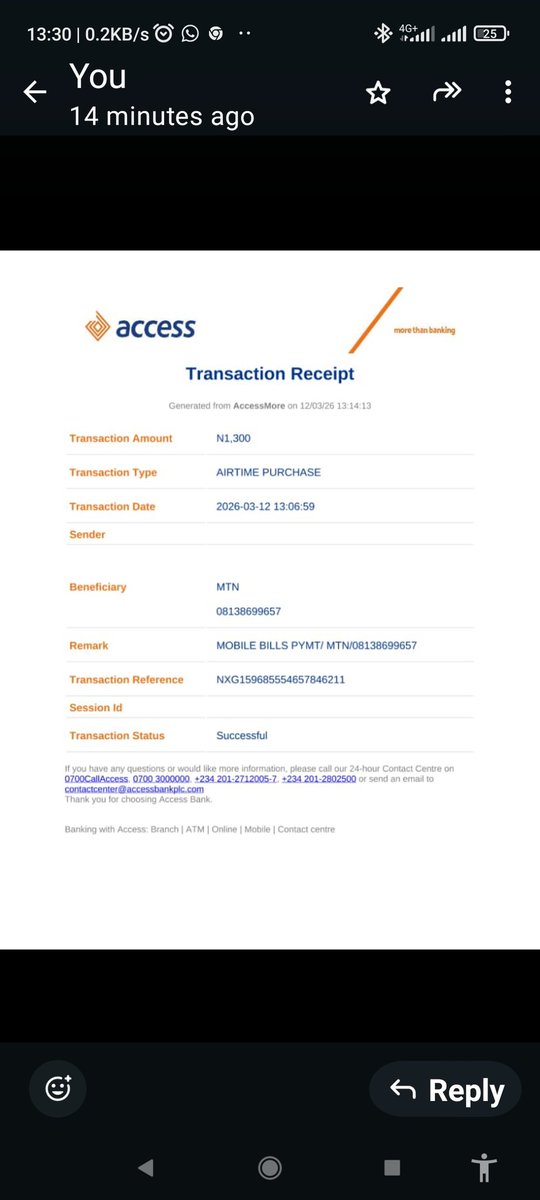 Oviewisky1's tweet photo. @accessbank_help 
I bought airtime of #1300 via my Access bank app, money debited and airtime not given. pls return my money to my account pls. Thank you. https://t.co/YOUL1Sqxr0