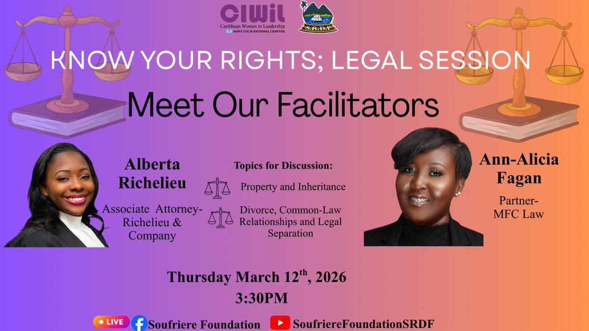 getmfclaw's tweet photo. Our Partner Ann-Alicia joins the “Know Your Rights” session today, 12 Mar, 3:30 PM. Join us live via Soufriere Foundation platforms.

#KnowYourRights #WomensEmpowerment #CelebrateWomen https://t.co/hb1XOiWzyz