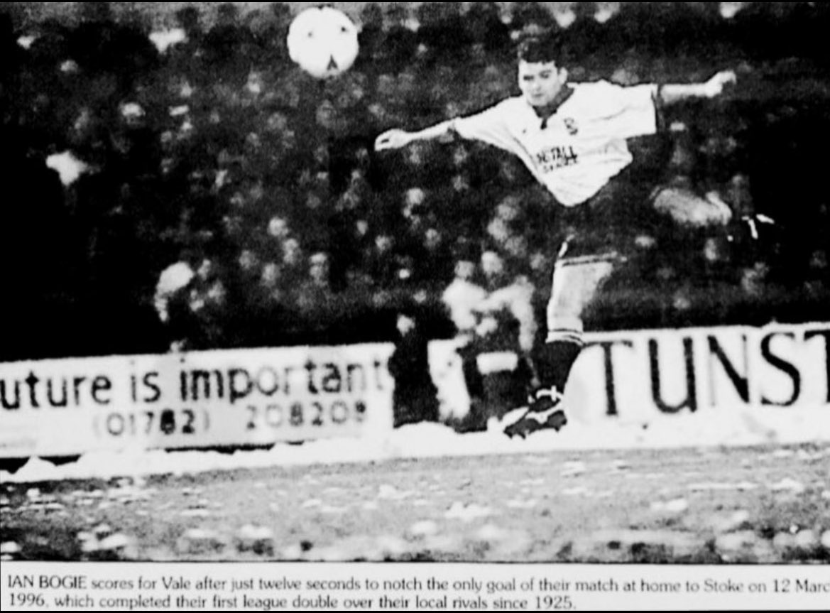 pvfcprogs's tweet photo. #OnThisDay 12/3/96

PORT VALE  1, STOKE CITY  0
Bogie

Ian Bogie’s goal just 12 seconds after kick off, pictured, settled this Potteries Derby clash in Vale’s favour. It completed the double as Bogie’s goal also won the game at Stoke earlier in the season. Att 16,737 #pvfc https://t.co/ytniNOg1qk