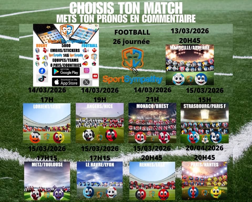 SportSympathy's tweet photo. #matchs 26 journée de #Ligue1⚽
🟢Choisis ton match 
➡Mets ton prono en commentaire 

#football #français
Affiches faites avec les 5000 stickers gratuits des supporters du clavier de l'application indépendante➡️ SportSympathy https://t.co/DzFVz9TKzs