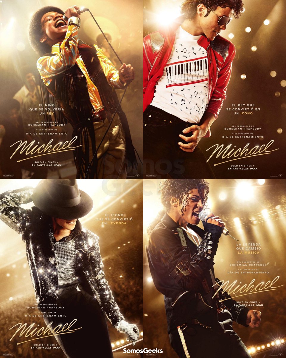 ¡NUEVOS PÓSTERS DE LA PELÍCULA DE MICHAEL JACKSON! 👑✨

Acaban de salir a la luz 4 nuevos pósters oficiales de #Michael, la biopic sobre la vida de Michael Jackson. Las imágenes nos dan un vistazo de las diferentes eras musicales que veremos en pantalla, y la caracterización de