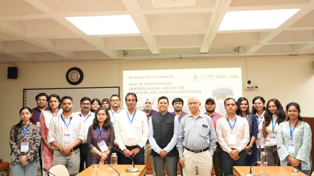 NImmunology's tweet photo. The third cohort of trainees join us at BRIC-NII for the NOHM Workshop on Immunological Assays for High-Risk and Zoonotic Pathogens.

Supported under the Pradhan Mantri Ayushman Bharat Health Infrastructure Mission (PM–ABHIM) of the Prime Minister’s Office and Indian Council of Medical Research and coordinated by Dr Nimesh Gupta @NimeshLab the programme continues to strengthen national capacity in advanced immunological assays for vaccine development and preparedness against emerging pathogens.

By bringing together researchers and laboratory professionals for hands-on training, the initiative contributes to building a skilled workforce equipped to address medical conutermeasures against high-risk and zoonotic pathogens in India. 

@BricDbt @DBTIndia @DrJitendraSingh @IndiaDST @ICMRDELHI @PMOIndia @mygovindia @rajesh_gokhale @deb030903