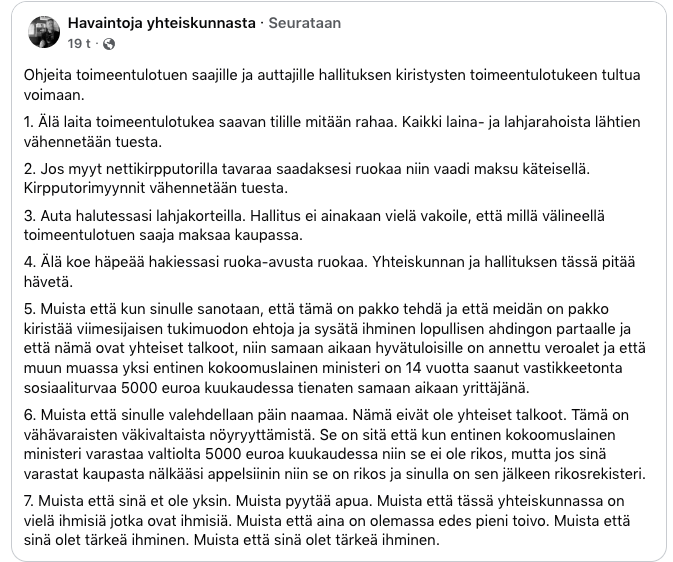KorhonenMla's tweet photo. #toimeentulotuki #pakko #politiikka #kokoomus #persut #talkoot #hyväosaisillenannaa #ruoka #pärjääminen #kela https://t.co/31daEz5Bxb