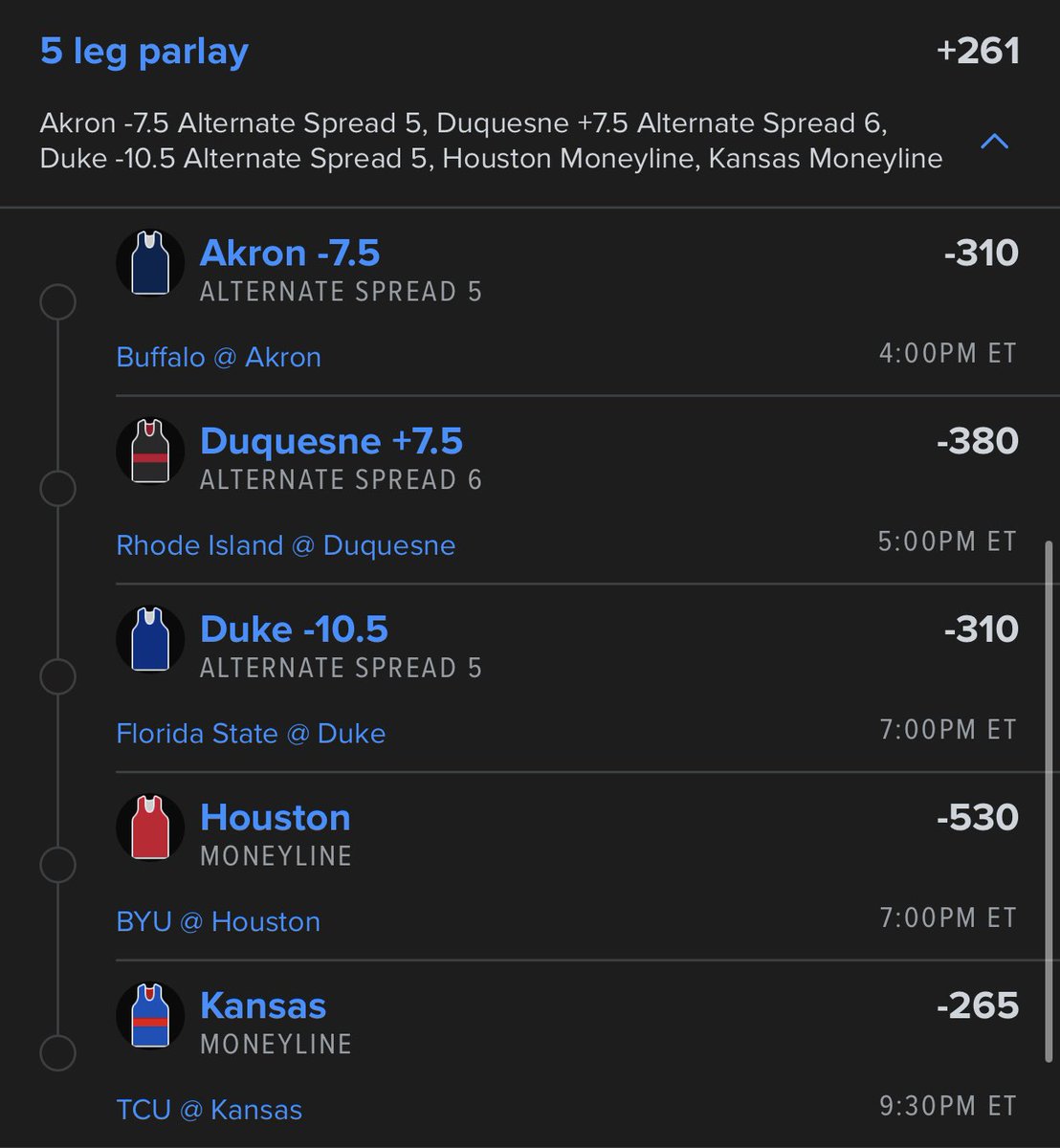 CBB Bet 3/12/26 💰
NCAA Men’s Basketball 🏀
Thursday College Hoops ⛹️‍♂️
CONFERENCE TOURNAMENT SZN ‼️🏆

5 Leg Parlay +261 🤑🏀
- Akron 🦘
- Duquesne 🎩
- Duke 😈 
- Houston 🐱
- Kansas 🌾

FOLLOW ALL MARCH MADNESS ‼️🏀🍀
😎🐂💰
