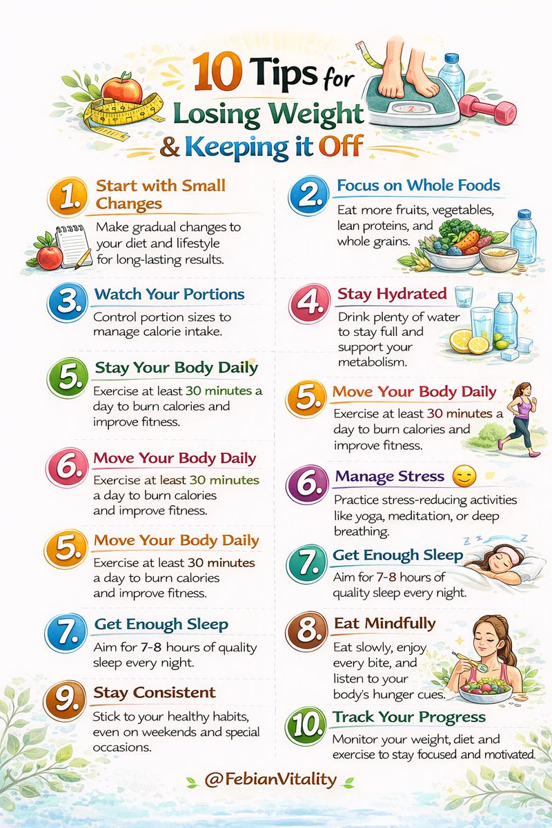 officer_pr46909's tweet image. 10 Tips to Lose Weight &amp;amp; Keep It Off

1. Start small
2. Eat whole foods
3. Watch portions
4. Drink more water
5. Move daily
6. Manage stress
7. Sleep 7–8 hours
8. Eat mindfully
9. Stay consistent
10. Track progress

Small habits = lasting results.

#WeightLossTips