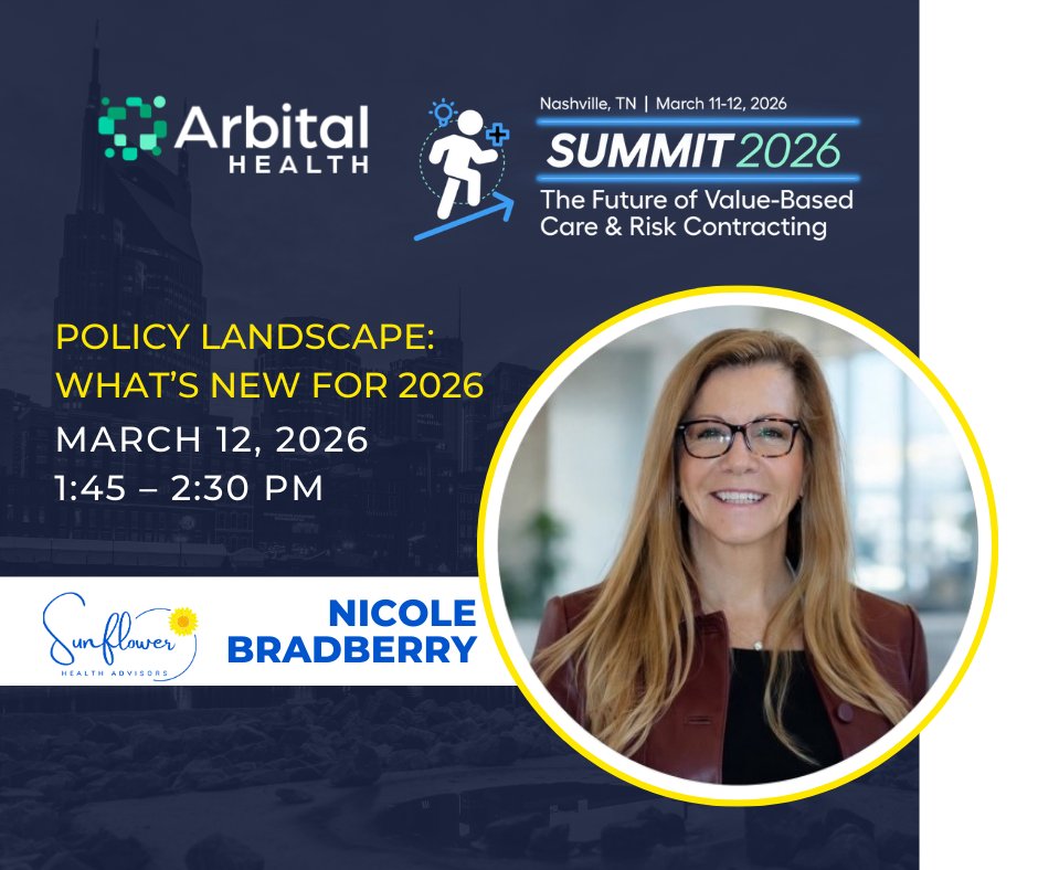 SunflowerHLTH's tweet photo. 📍 Arbital Health Summit 2026 - Nashville

Join Managing Partner, Nicole Bradberry, today from 1:45-2:30P discussing healthcare policy! 🩺  

📅 https://t.co/pUSQNxA4tM  
👤 https://t.co/LduP9ulUhQ  

#ValueBasedCare #HealthcarePolicy #ACO #ArbitalHealth #SunflowerHealthAdvisors https://t.co/5Dd9ZvVKFz