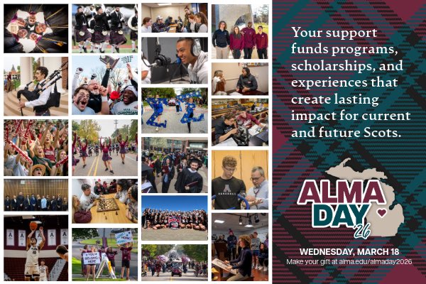 Next Wednesday we celebrate everything that makes Alma College special.

Make your gift today and help keep the Alma tradition strong 💪 

givecampus.com/schools/AlmaCo…

 #AlmaDay #ScotsGive #AlmaCollege