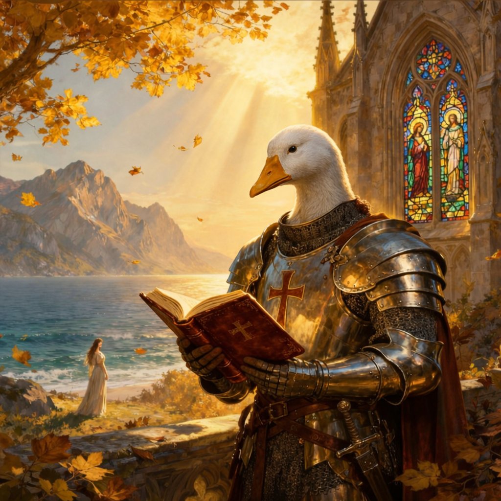GIACOMOD08's tweet photo. Faith before battle.
Wisdom before the sword.
The Lord Goose Knight studies the sacred words while the world prepares for war.
A true warrior sharpens both blade and spirit. 🛡️📖🦢
#GooseKnight #FantasyArt #EpicFantasy #Knight #DigitalArt #AIArt #Medieval https://t.co/LBgxIzEAJv