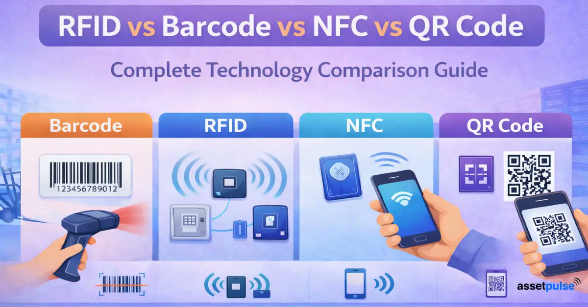 RFID, Barcode, NFC, or QR Code? 🤔
Each technology has unique advantages for tracking, automation, and digital interaction.

Learn the key differences and when to use each one in your business.

Read more 👉 assetpulse.com/blog/rfid-barc…

#RFID #Barcode #NFC #QRCode #AssetTracking #IoT