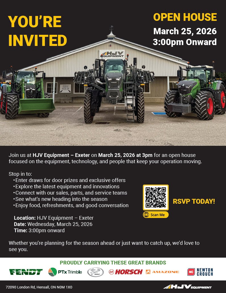 ZHarmer15's tweet image. We're getting ready to host our Spring Open House at @HjvEquipment in Exeter on March 25, 2026, starting at 3pm. Scan the QR code to Register. 
We'll have vendor reps on hand, new @Fendt_NA 942, #Momentum 16R, @HorschLLC @Amazone #Doyle #NewtonCrouch and @ptx_trimble