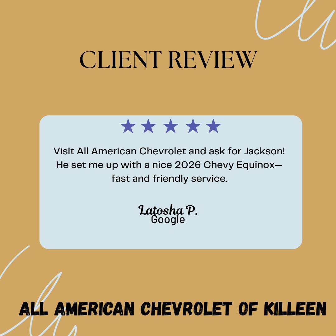 KilleenChevy's tweet photo. Thank you, Latosha! We’re thrilled to hear about your positive experience with Jackson at All American Chevrolet of Killeen. Enjoy your new 2026 Chevy Equinox! We truly appreciate your recommendation and look forward to seeing you again soon. https://t.co/ScGQGP7pSe