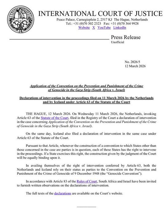 Islandia y Países Bajos denuncian a Israel por genocidio ante la Corte Penal Internacional.