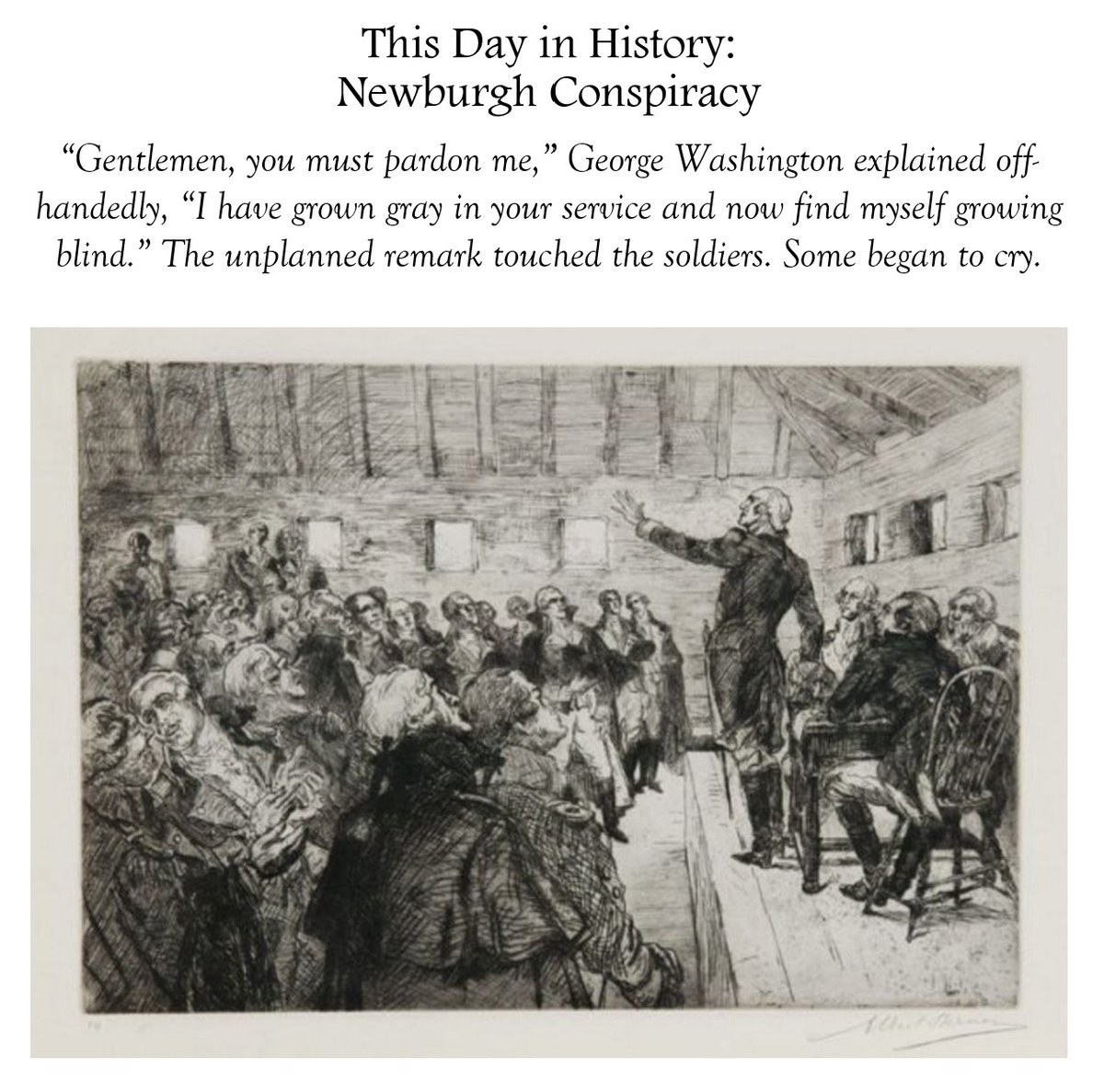 TaraRoss's tweet image. At about this time in 1783, George Washington brings the so-called Newburgh Conspiracy to an end. The potential military coup had been festering for a while.

/1 of X #storytime 🧵👇
