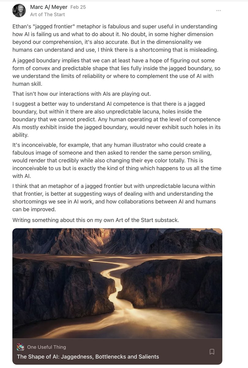 marqueymarc's tweet photo. Within Ethan Mollick's "Jagged Boundary" of AI competence, there are also Unpredictable Lacuna, hyper-dimensional gopher holes. A human with AI's competence  would never have such holes in its ability, so they're hard to predict and account for.

https://t.co/b9IKP4FzTt https://t.co/DoQXsSfDgV