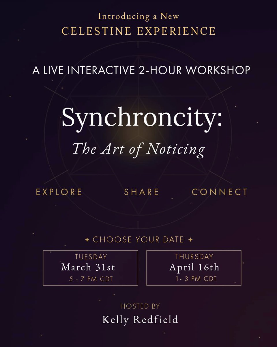 James_Redfield's tweet photo. If you’ve ever wanted a space to talk about synchronicity, intuition, and the bigger picture in life, this may resonate with you.

My daughter Kelly will be hosting a live Zoom workshop called “Synchronicity: The Art of Noticing.”

This is an interactive gathering where you’ll get the chance to discuss your own life situations and deeper questions — creating space for conscious conversations, shared insights, and surprising connections.

We have two upcoming sessions scheduled:
• March 31 — 5–7 PM CDT
• April 16 — 1–3 PM CDT
Everyone’s welcome. Tickets are $24.99.
Learn more →
https://t.co/La38TNyxnt

#synchronicity #ConsciousEvolution
