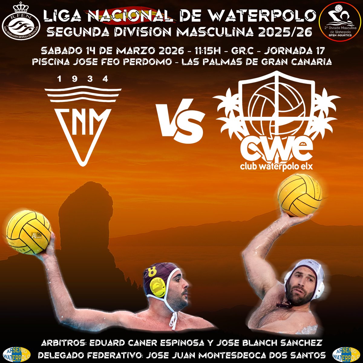 arsenioWP's tweet photo. J.17 Gr.C #2DM 2025/26 #waterpolo @RFEN_Oficial
🗓Sábado 14 Marzo 2026 🕕11:15h
🏟️ Piscina José Feo 🌍 @aytolpgc #GranCanaria
@cn_metropole 🆚 @waterpoloelche
@Deportecanario @imd_lpgc @GranCanariaCab @canarias7 @laprovincia_es @GranCanariaDep @fedecanat @fncv_oficial https://t.co/Rd7HIhUhJx