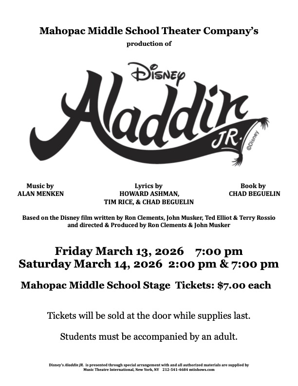 MahopacSchools's tweet photo. The Mahopac Middle School Theater Company just SOLD OUT of Friday's 7PM performance of Disney's Aladdin Jr. so there will be no ticket sales at the door tomorrow night.
As of right now, there are still tickets available for this Saturday's 2PM and 7PM showings.
Break a leg! https://t.co/8ADxfAe6ro