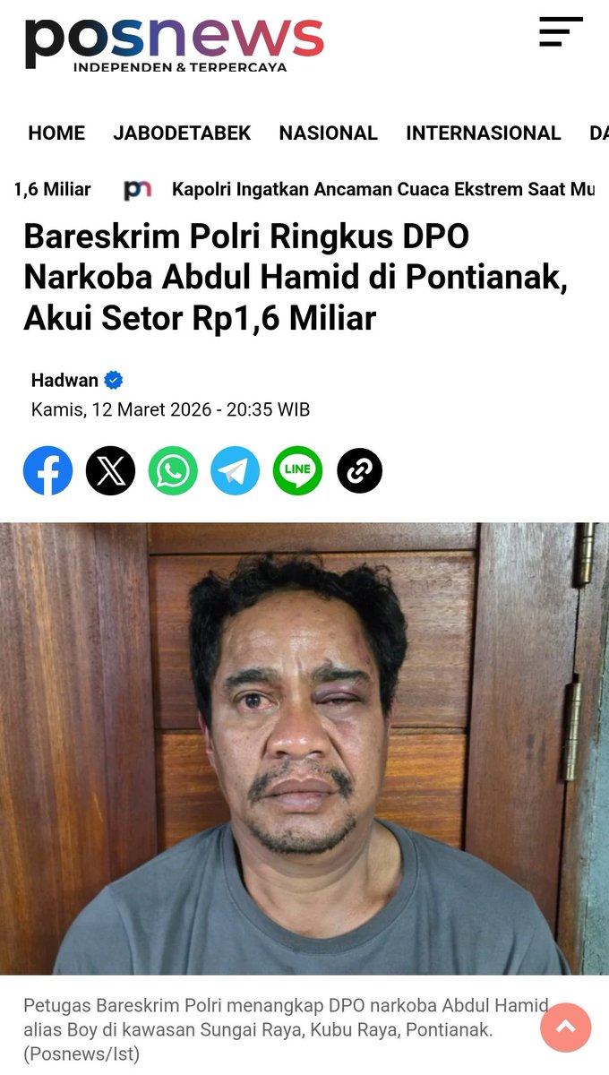 SiWemp's tweet photo. Akhirnya Bareskrim Polri berhasil menangkap DPO kasus narkoba Abdul Hamid alias Boy ,
di kawasan pergudangan 
Jl. Sungai Raya Dalam,
Kab.Kubu Raya, Kalimantan Barat,
Selasa malam (10/3/2026)

Bravo🔥🔥🔥 https://t.co/PUfh7auz4U