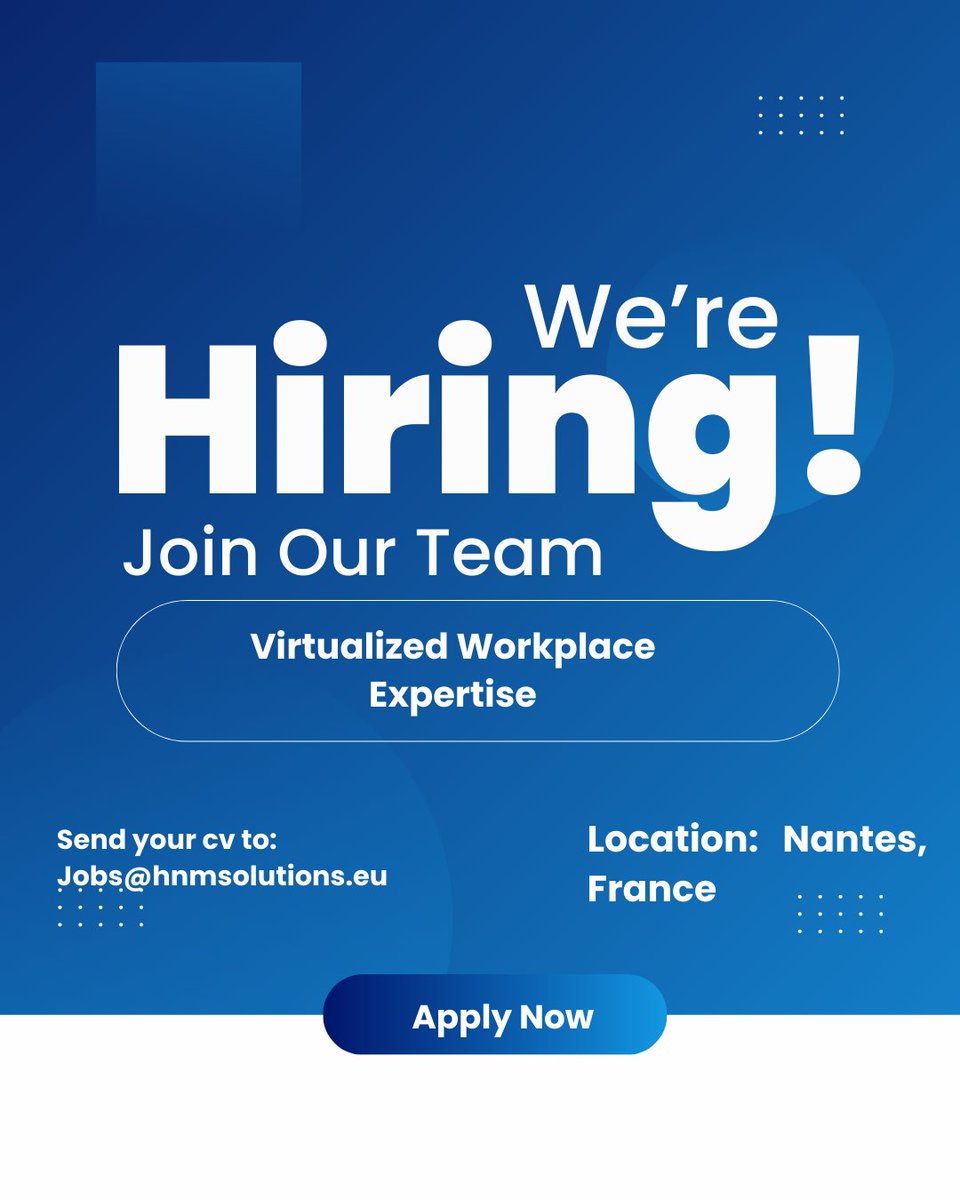 aditya_hnm's tweet photo. We are Hiring!!
 
 Looking for #Virtualized Workplace Expertise
 @Nantes, France
 
 Language: English, French
 Full time with HNM Solutions
 
 Interested? Can apply at jobs@hnmsolutions.eu
 
 #hnmsolutions
 #Hiring 
 #HIRINGNOW 
 #hiringalert 
 #JobSeekers https://t.co/hbfxgeg43J
