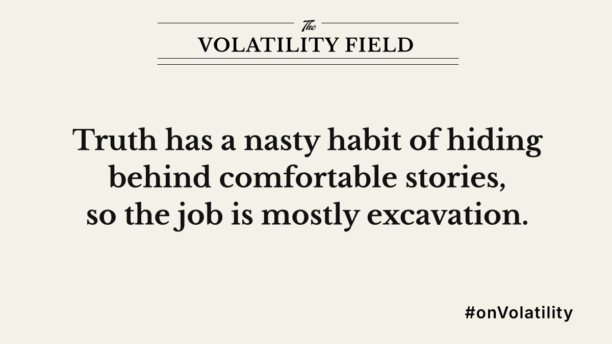 onvolatility's tweet photo. Humans are story-making machines. Our brains compress messy reality into narratives that feel stable. Useful, but dangerous. Over time the story replaces the signal. Good thinking is mostly excavation—digging until you hit bedrock again. https://t.co/Nvczvr9ya7