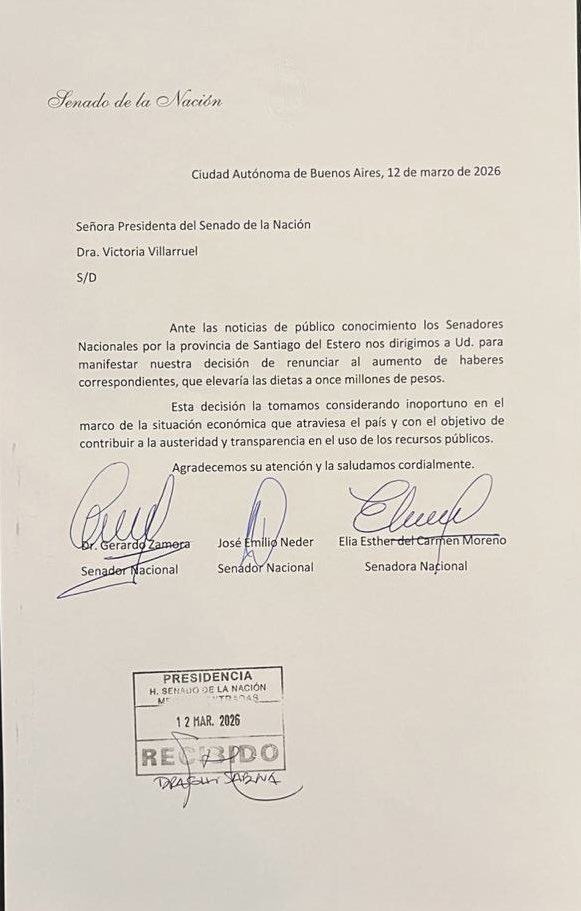 GZamoraSDE's tweet photo. En el día de la fecha, y ante todas la versiones periodísticas sobre un aumento  a los integrantes del Senado, que llevaría a más de 11 millones de pesos los haberes; los tres senadores santiagueños, hemos presentado nota formal a la Vicepresidenta de la Nación, renunciando al mismo.