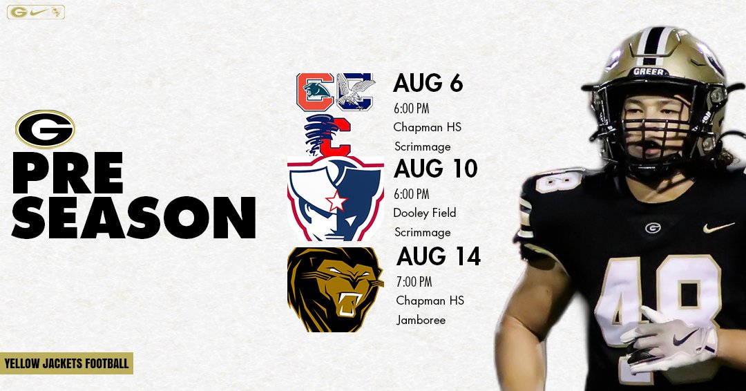 GreerRecruits's tweet photo. Preseason Schedule Release👀

#GreerFootball #Preseason #JacketPride https://t.co/oRx1WgT6Pg