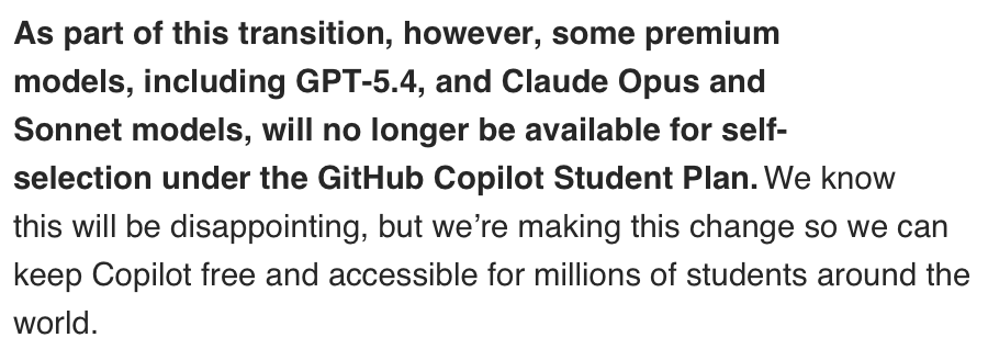 github copilot, öğrenci için musluğu kıstı