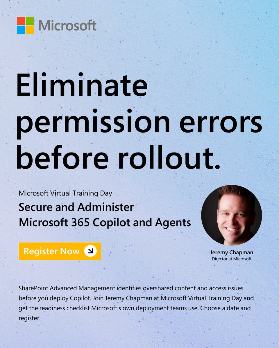MSFTMechanics's tweet photo. SharePoint Advanced Management identifies overshared content and access issues before Copilot goes live. 

Join Jeremy Chapman for this Microsoft Virtual Training Day webinar and get the readiness checklist trusted by Microsoft’s own deployment teams. 

Choose a Date and Register Now: https://t.co/qTMrNUgfAv