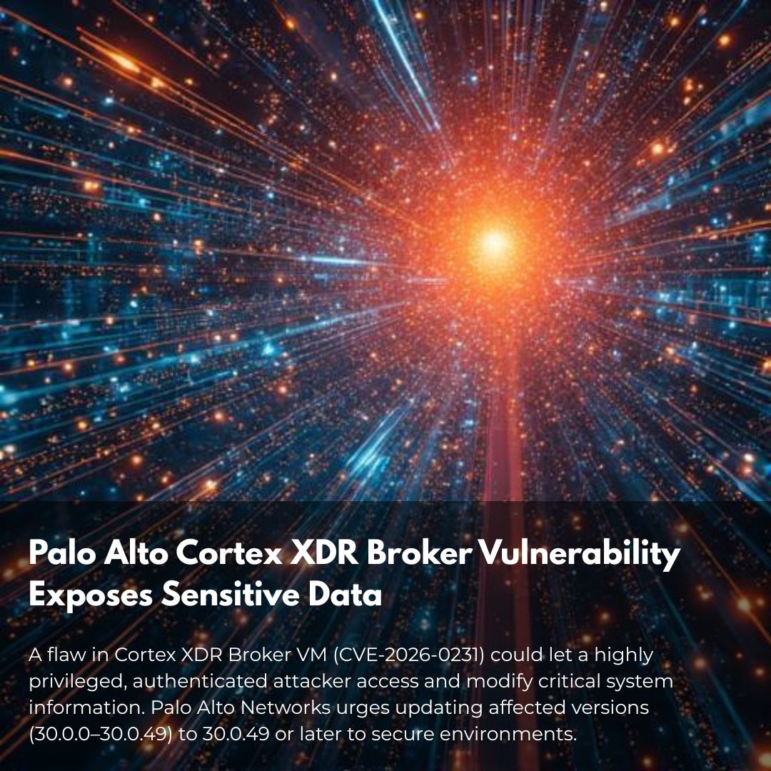 annexustech's tweet image. A new vulnerability in Palo Alto’s Cortex XDR Broker VM could let attackers with high-level access view and change sensitive system data. Security teams should verify their version and apply the latest patch to stay protected. #Cybersecurity #CortexXDR #ITSecurity