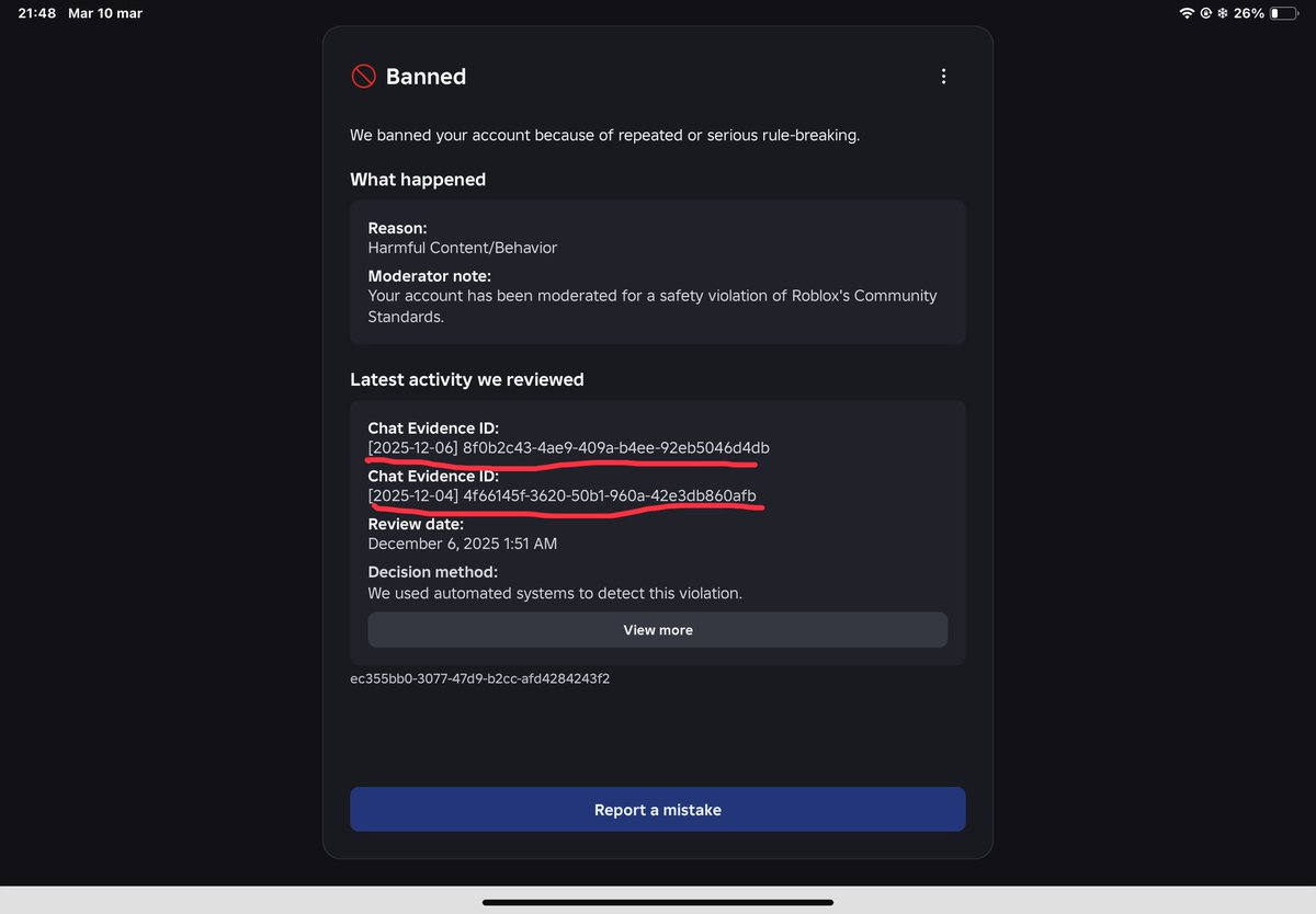 nasaimzo's tweet photo. @RoGameNews Human review needed for user:Nasa_goo2
banned for violating safety rules when im 15 yr minor, I can’t open chat evidence id nor I was notified. I’ve seen a lot of people getting this ban because of the AI moderation, pleas fix this. @Roblox @Roblox_RTC @RobloxBan https://t.co/o9OOij8hM5