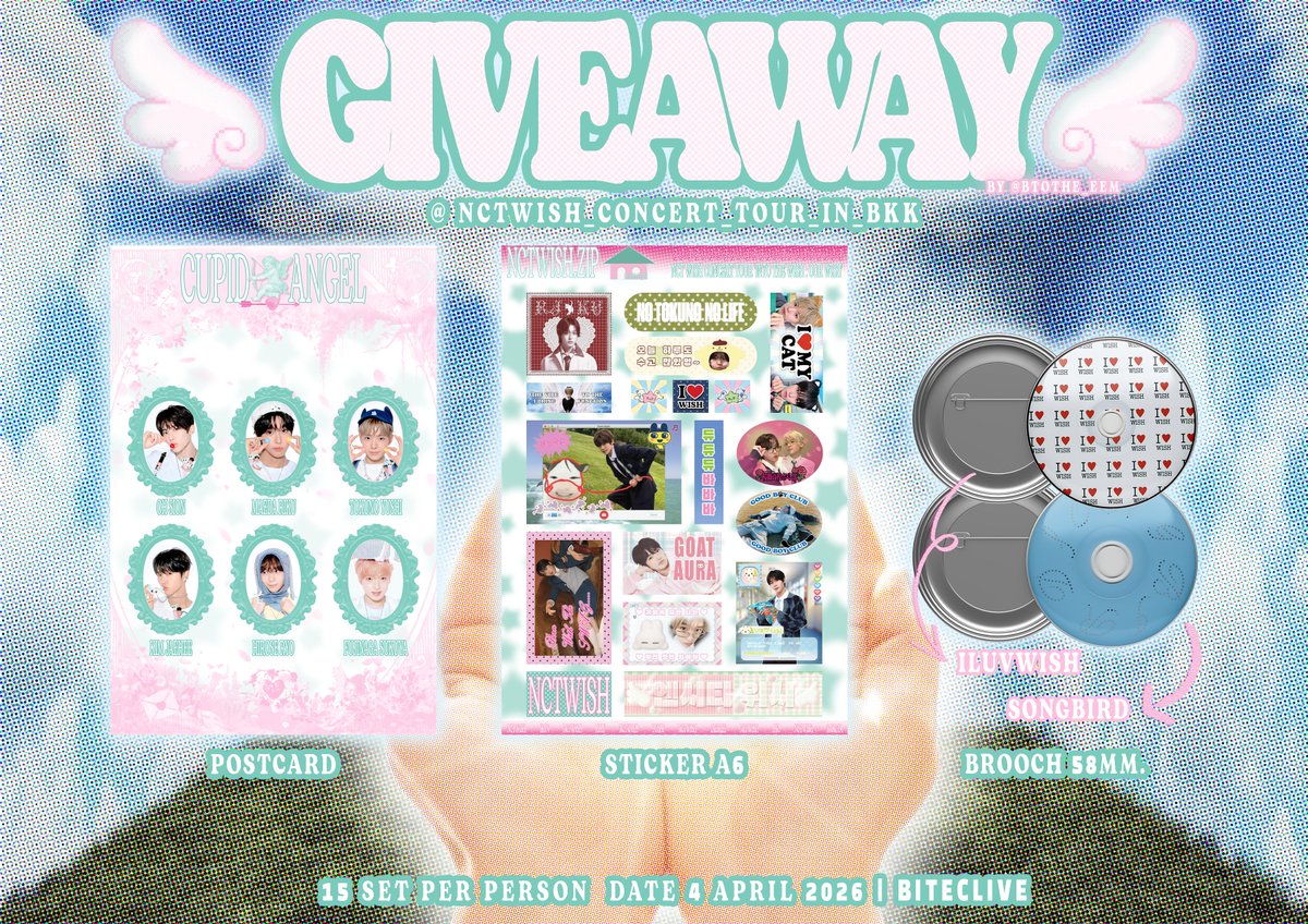 /ᐠ ⩌⩊⩌ マ pls kindly rt 𓂃۶ৎ

✮ ⋆ ˚｡giveaway set 𖦹 ⋆｡°✩ @ #OurWISH_BANGKOK

🤍🏹CUPID ANGEL Poscard 1ea
🏠WISHZIP sticker A6 1ea
💿CD Brooch 2ea
⭐️Only 15 set rt&amp;show this tweet🪽
bitec live - 04 April 26
time - tba ⌛️🗓️🚙

#NCTWISH_CONCERT_TOUR_IN_BKK