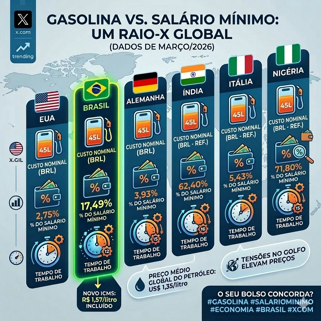 martinscs08's tweet photo. O custo de encher o tanque (45L) em Março de 2026:
​No Brasil, isso já compromete 17,5% do salário mínimo. Nos EUA, apenas 2,7%.
​Com ICMS a R$ 1,57 e instabilidade no Golfo, o combustível virou item de luxo. ⛽️📉
​Como está o preço no seu posto hoje? 👇
​#Gasolina #Economia https://t.co/5RscJHSElB