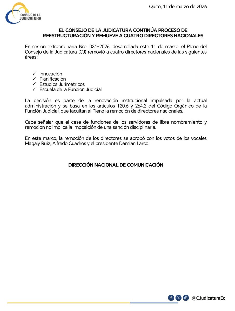 ⚠️ ATENCIÓN
CONSEJO DE LA JUDICATURA
#infomedia #ConsejoDeLaJudicatura
<a href="/CJudicaturaEc/">Consejo de la Judicatura</a> <a href="/BolivarCJ/">Bolívar CJ</a> @damianlarcog