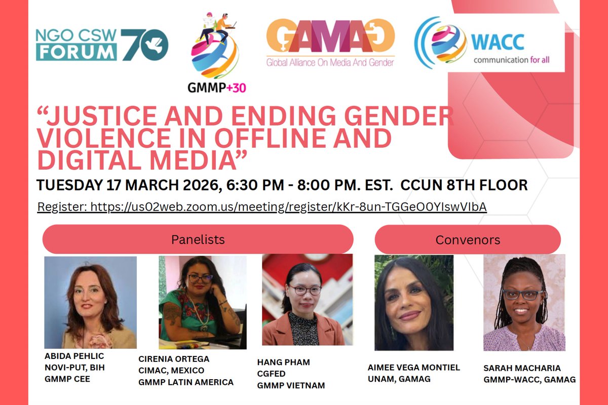 waccglobal's tweet photo. 📣 Hybrid event at #NGOCSW70: Building an evidence-based agenda to end gender violence in the media. With #GMMP coordinators from Asia, Europe, Latin America.
📅 17 Mar, 6:30–8pm EDT/UCT-4
Read more & register: https://t.co/BoG9tEBV9a
#CSW70 #EndVAW @whomakesthenews @UN_Women https://t.co/zfnxmflAvt