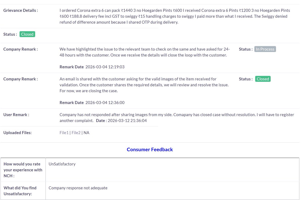 alok_prja's tweet photo. @Swiggy, @jagograhakjago

This is how swiggy scams you. 
Delivers less value product than ordered and 
Denies refund in its help section.
And lies on face of National Consumer Helpline.

@jagograhakjago do something or your portal is useless.
@JoshiPralhad Sir, Do something. https://t.co/0wMc3rSHHD