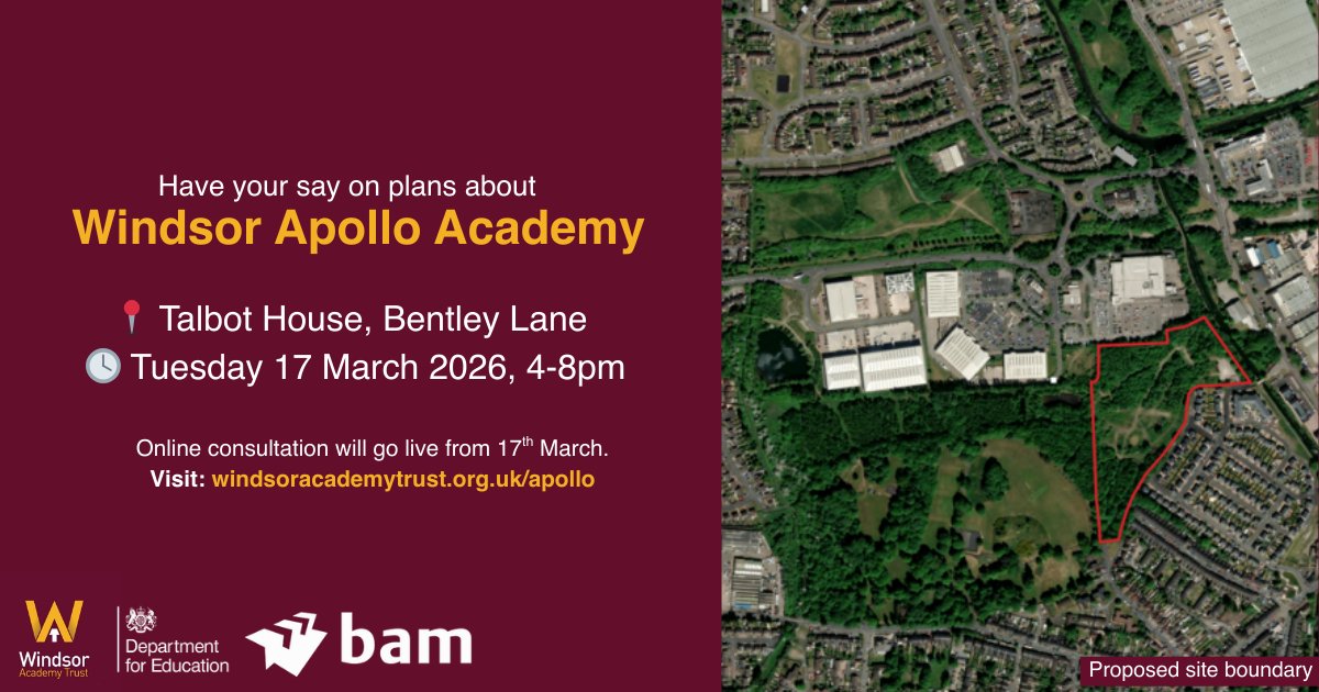 WalsallCouncil's tweet image. A new secondary school is being developed in #Walsall - and residents are invited to a community drop-in event to have their say.

📍 Talbot House, Bentley Lane
📆 Tuesday 17 March 2026
⏰ 4-8pm

Learn more about the project, ask questions, &amp;amp; share your views

#WhatsOnWalsall 1/2