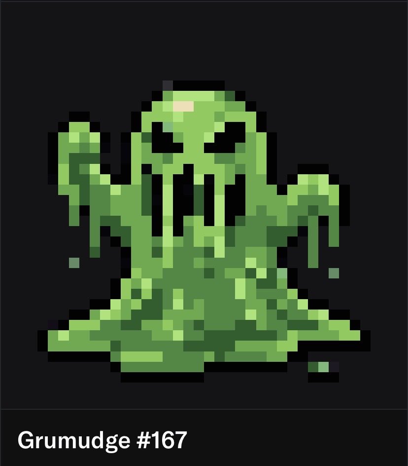 LLB_xBC's tweet photo. This is Grumudge #167 he’s the guy I minted! He’s the one really to blame for my crippling CCOmons addiction! There are 16 energies! 4 tiers of rarity! And 260 individual monsters (mons). Which one will get YOU addicted? #collectemall #cc0mons @cc0_mon https://t.co/f2rqArp8bW