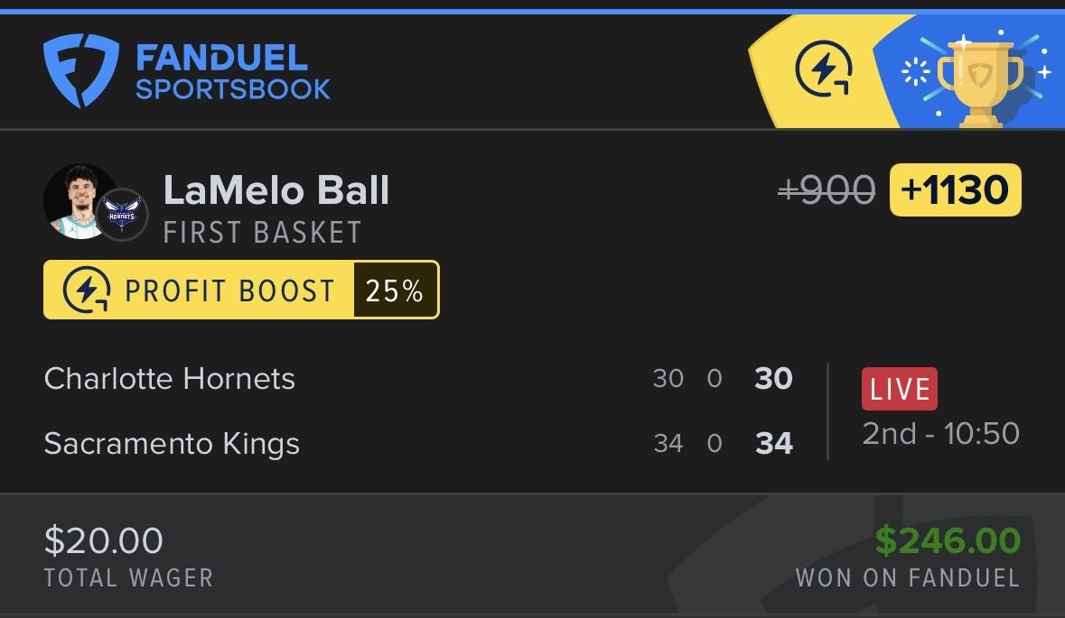 slam_dunk_bets's tweet image. Boosts are a great way to either get more value out of an existing edge or find a new edge that didn’t previously exist! 

This worked out perfectly for LaMelo Ball’s #FirstBasket, turning +900 into +1130 on #FanDuel to come away with $246 on just a $20 bet!

#NBAPicks