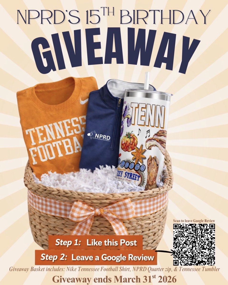 Enter NPRD’s 15th Birthday Giveaway!
🥳 For 15 years, our amazing volunteers have helped us advance clinical research right here in Knoxville.

A lucky winner will receive a Nike Tennessee football shirt, NPRD quarter-zip, &amp; a 40-oz insulated tumbler.

👉🏼 g.page/r/CZU0PTK5Huih…