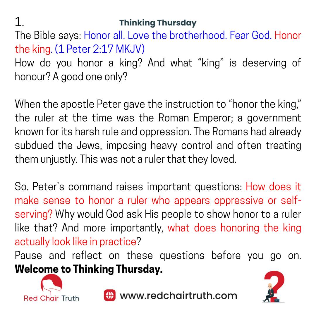 redchairtruth1's tweet image. We may disagree with their policies and feel the weight of their decisions, but God still commands us to honour civil authority. Why and how? Find out on today's Thinking Thursday.

#RedChairTruth #ThinkingThursday #Honour #Truth #RCT #ItaUdoh