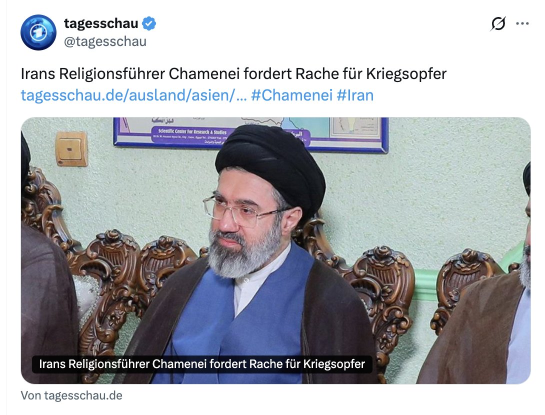 laStaempfli's tweet photo. #Iran Chamenei liegt wahrscheinlich im Coma, taucht nicht lebend auf, aber die Tagesschau ARD zeigt ihn frisch und munter mit einer Botschaft. Heisst das, dass @ard nun Sprachrohr für Teheran ist? Leute - bitte teilen. https://t.co/OQ7culbtY8