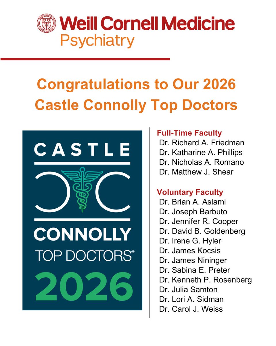 WCMPsychiatry's tweet photo. Congrats to the @weillcornell/ @nyphospital Psychiatry faculty recognized as 2026 @CastleConnolly Top Doctors! This honor highlights the top 7% of U.S. physicians for clinical excellence & compassionate care. Learn more: https://t.co/3KjS1IWDn2
#CastleConnolly #TopDoctors2026 https://t.co/ukd5DVZnzg