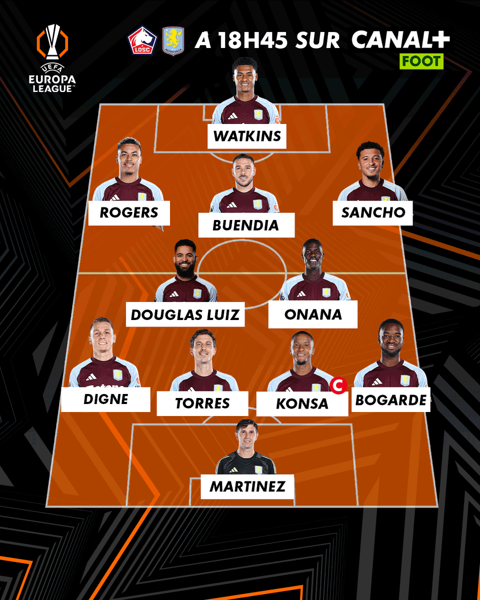CanalplusFoot's tweet photo. LE ONZE LILLOIS EST LÀ 💥

Génésio densifie son milieu avec Bentaleb et Mukau en soutien du capitaine André 😤

Côté Villa Lucas Digne est titulaire pour défier son ancien club à 18H45 sur CANAL+ FOOT 📺 #UEL | #LOSCAVL https://t.co/H8mLdC7hOu